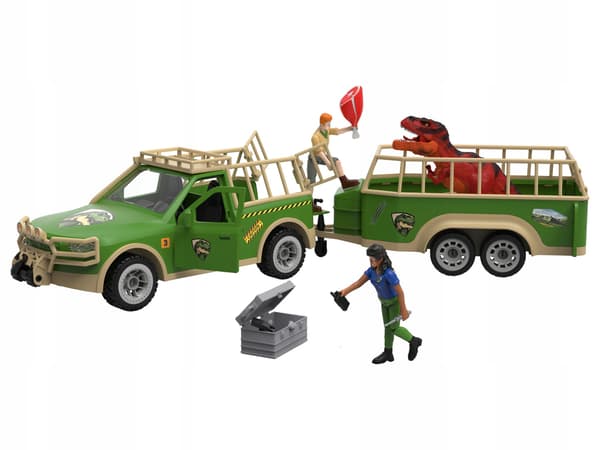 Dinosaur pick-up truck with a trailer for a dinosaur