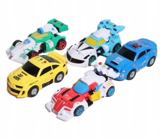 LARGE SET OF 5 SOUND-EFFECT ROBOT FIGURES THAT TRANSFORM INTO A CAR