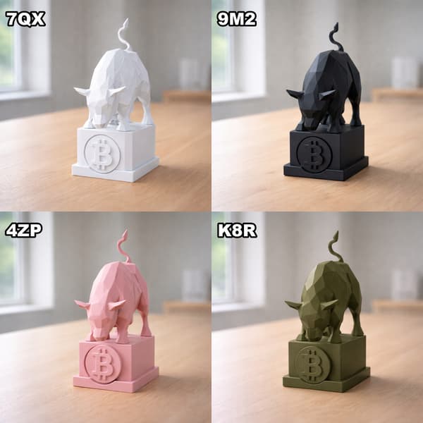 GEOMETRIC BULL FIGURINE ON A BASE WITH A ‘B’ SYMBOL – MANY COLOURS