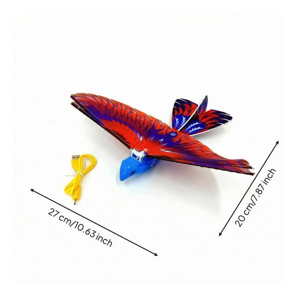 Battery-powered remote-controlled flying bird with a blue, articulated, hand-thrown design