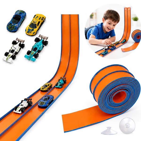 4.5M FLEXIBLE RUBBER RACING TRACK FOR 4 CARS – REVERSING FUNCTION, SUCTION CUP SET