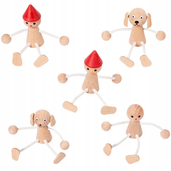 5 WOODEN ANIMAL FIGURINES WITH MOVABLE PAWS