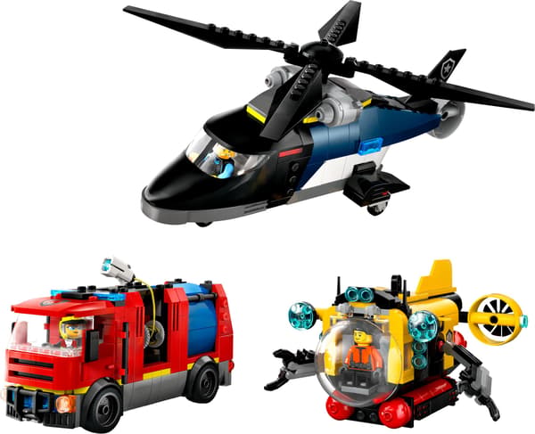 LEGO City 60462 Set featuring a Helicopter, Fire Engine and Submarine