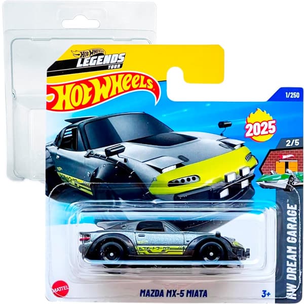 Hot Wheels Mazda MX-5 Miata, grey, 1:64 scale model with protective cover