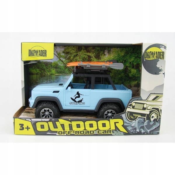 A battery-powered Jeep with a surfboard