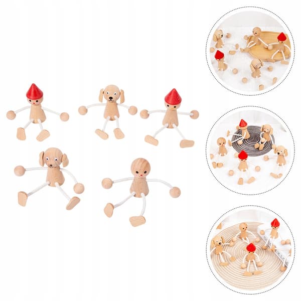 5 WOODEN ANIMAL FIGURINES WITH MOVABLE PAWS