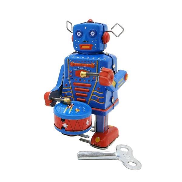 Wind-up Drum Robot Toy, Tinplate, clockwork mechanism, Home Office, Antique