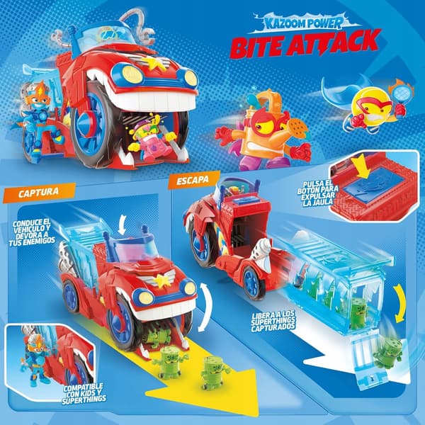 SUPERTHINGS BITE ATTACK VEHICLE WITH REMOVABLE CAGE AND DOC VROOM FIGURINE!