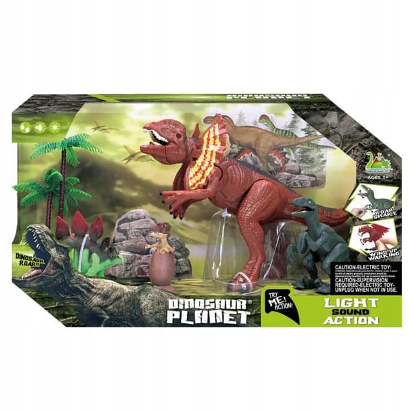 SET OF 4 DINOSAUR FIGURES, 2 TREES, SOUND AND LIGHT EFFECTS