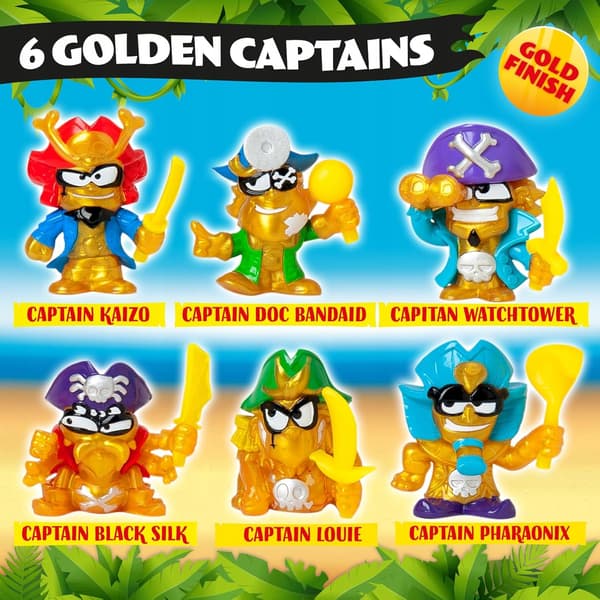 PIRATES SET: 4 FIGURINES, GOLDEN CAPTAIN, CAGE, CANNON, FLAGS, COINS – 3+