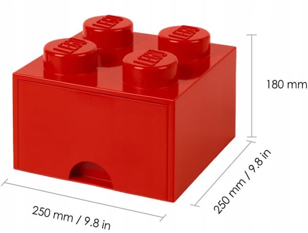 LEGO 4-Compartment Brick Storage Box with Drawer, 2x2 Container, Large Red Box