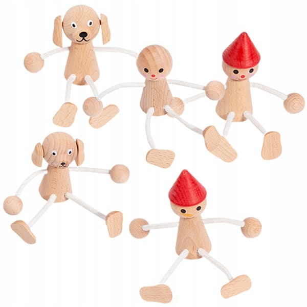5 WOODEN ANIMAL FIGURINES WITH MOVABLE PAWS