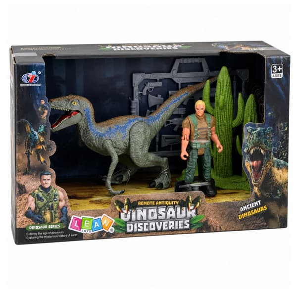 FIGURINE SET – DINOSAUR WITH MOVABLE LIMBS, HUNTER, WEAPON, NET
