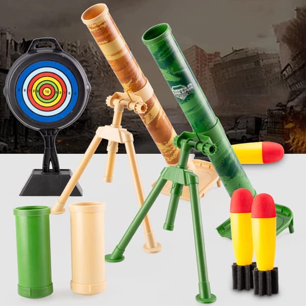 Mortar Launcher Toy Set with 3 protective foam shells, loading bucket and green rocket