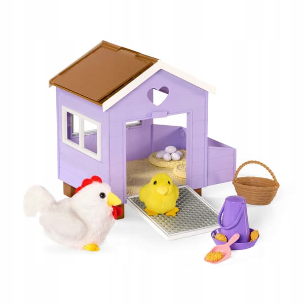 Our Generation chicken coop with an egg-laying hen, a chick and accessories