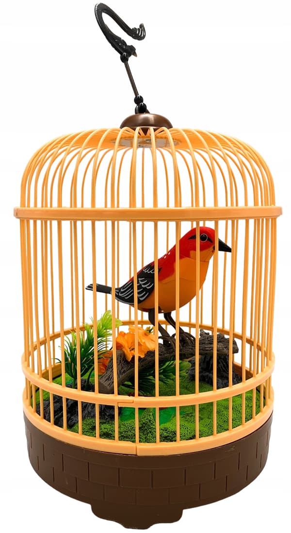 A chirping, moving little bird in a battery-operated cage