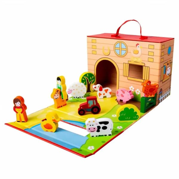 A suitcase with a farm theme and a play area