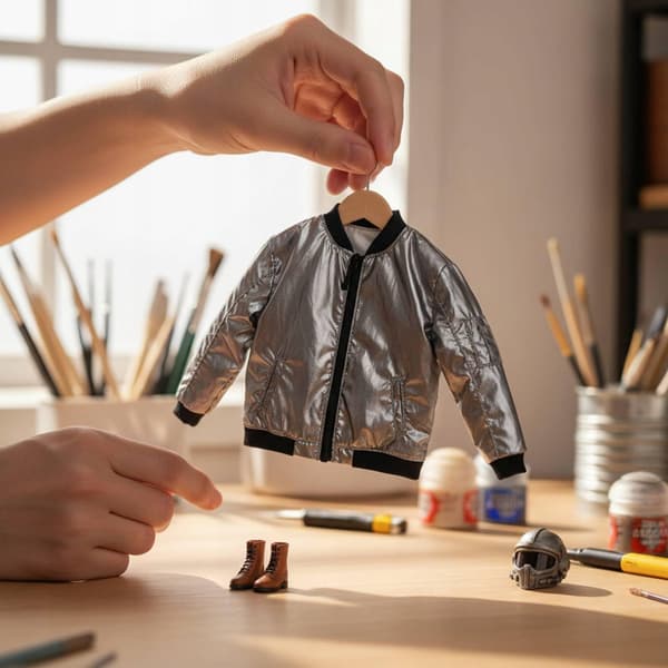 Cropped jacket in 1/6 scale. Zip fastening. 12-inch black figure jacket