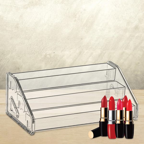 Display stand with transparent acrylic storage shelf – Multi Riser Organiser Stand, 3-tier