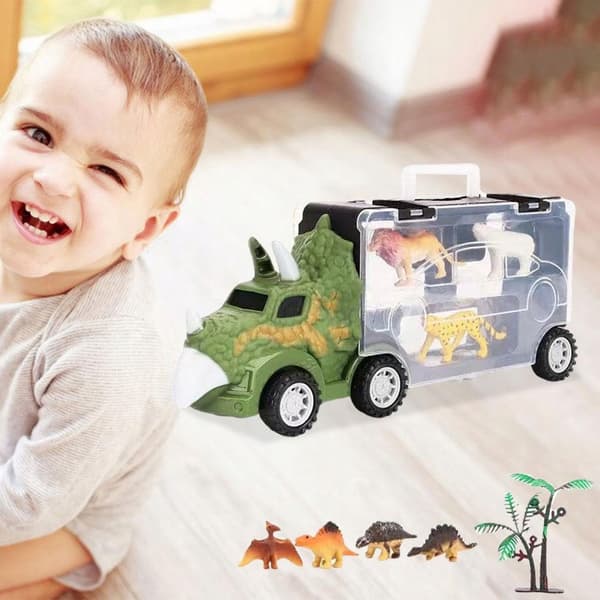Transport truck with 4 mini plastic animals – Pull Short Triceratops play set