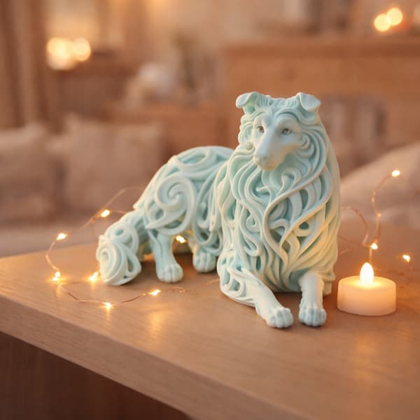 DECORATIVE FIGURINE: LYING ROUGH COLLIE DOG, OPENWORK, MULTICOLOURED