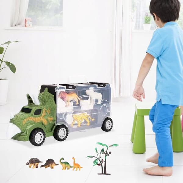 Transport truck with 4 mini plastic animals – Pull Short Triceratops play set