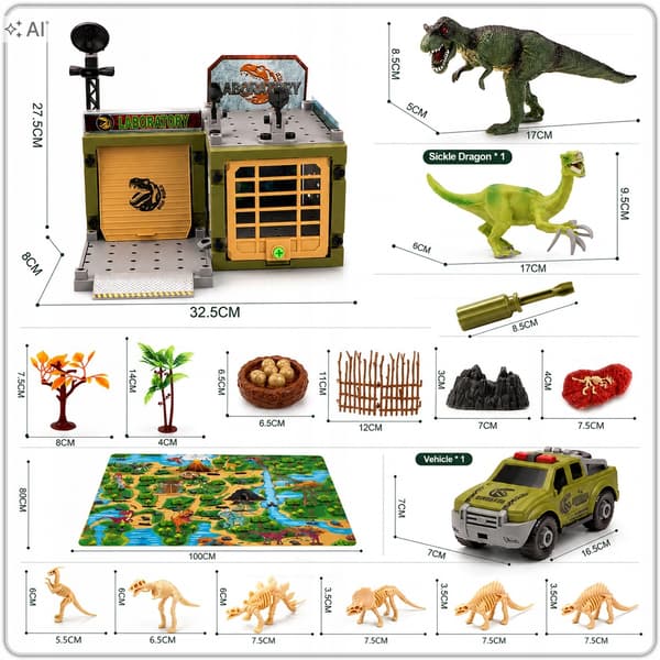 DINOSAURS Children’s Dinosaur Set: 100x80 Play Mat, Figures, Accessories + CAR
