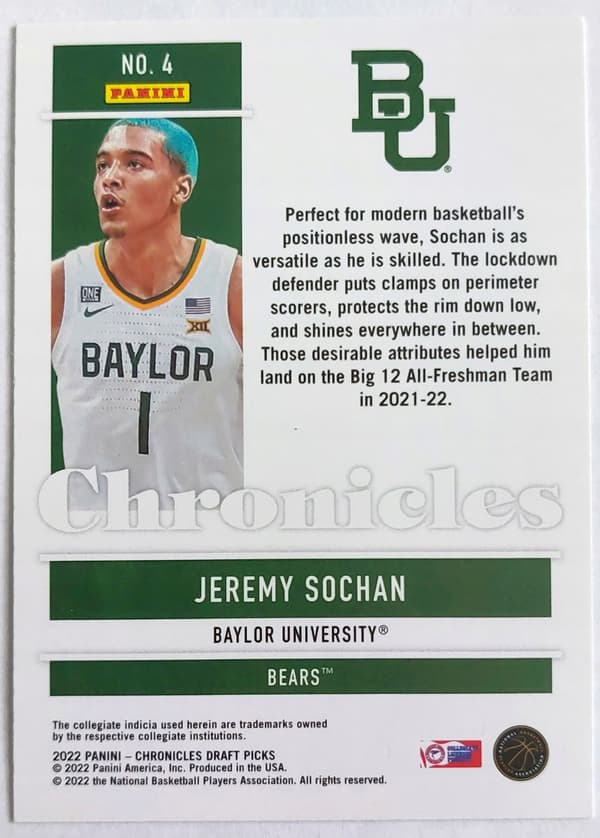 2022 Panini Chronicles Draft JEREMY SOCHAN RC #4