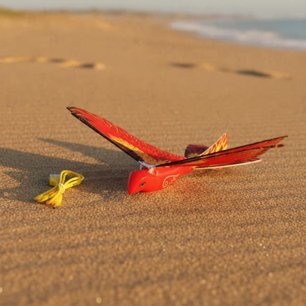 Battery-powered remote-controlled flying bird with a red, articulated hand-throwing mechanism