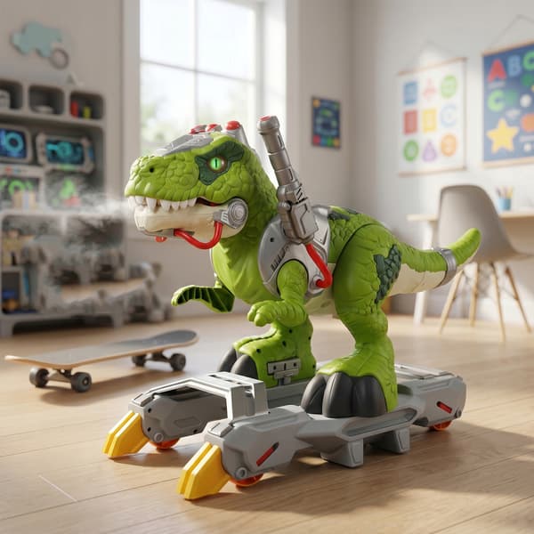 A LARGE INTERACTIVE T-REX DINOSAUR THAT BLOWS OUT STEAM, WALKS, ROARS AND GLOWS