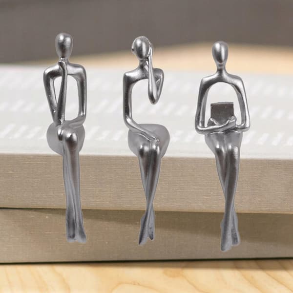 3 PIECES: Seated Thinker Statue, Abstract, Silver