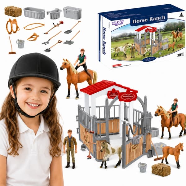 STABLE AND PADDOCK SET WITH HORSE FIGURINES