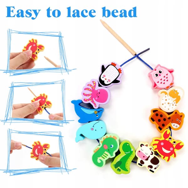 Wooden Animal Bead Figurine Building Blocks for Stringing, 40 pieces