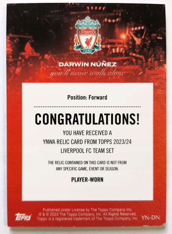 TOPPS TEAM SET 2023/2024 LIVERPOOL DARWIN NUNEZ JERSEY PATCH RELIC