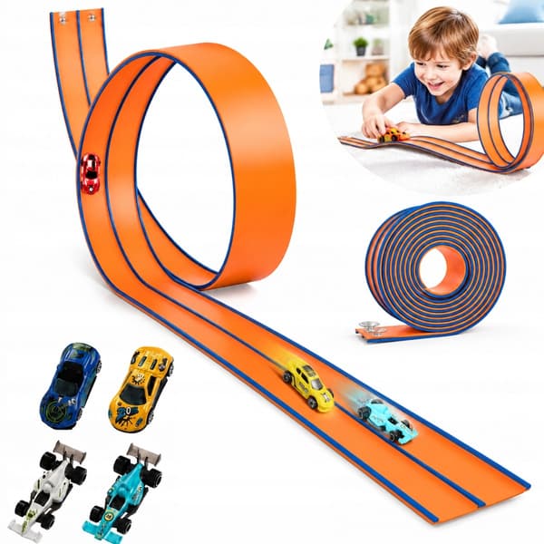 4.5M RACETRACK SET – SOFT RUBBER, 4 CARS, REVERSE FUNCTION, 2 SUCTION CUPS