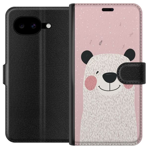 Kompatibel Tegnebogsetui til Google Pixel 10a Minimalistisk pandaillustration med lyserøde kinder, sorte ører og lyserød baggrund