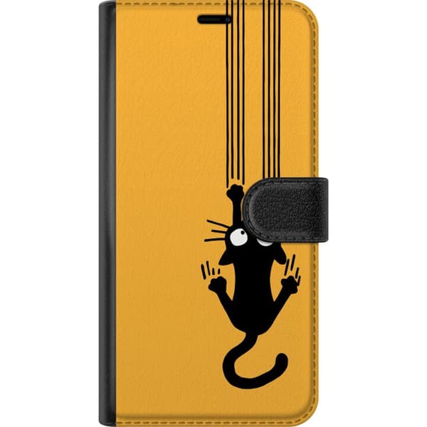 Kompatibel Tegnebogsetui til Apple iPhone 8 Plus Orange illustration med sort kat, der klatrer og kigger opad