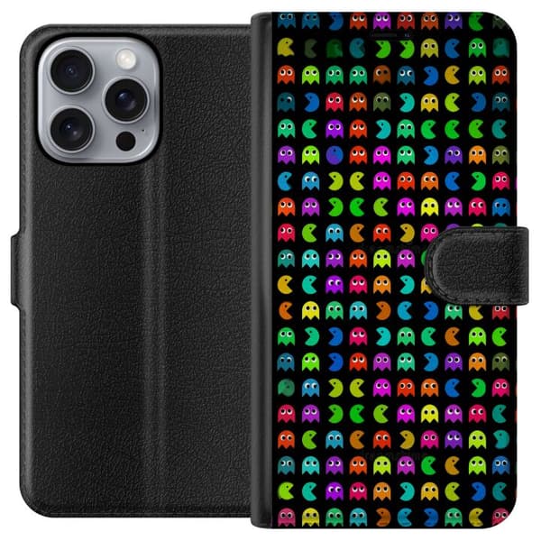 Kompatibel Tegnebogsetui til Apple iPhone 16 Pro Max Retrospil med Pac-Man og klassiske spøgelser