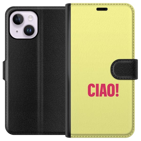 Kompatibel Tegnebogsetui til Apple iPhone 14 Plus Minimalistisk tekstdesign med store lyserøde CIAO-centrerede mod en blød lys gul baggrund