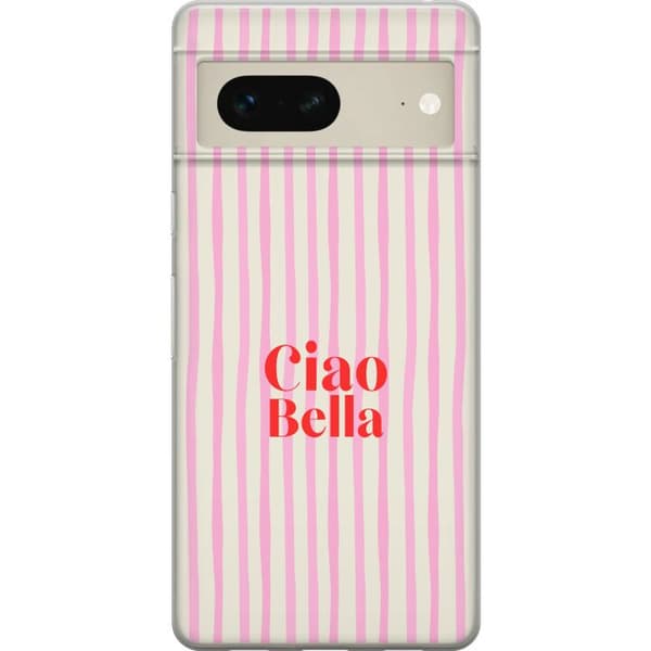 Kompatibelt Mobildeksel til Google Pixel 7 Ciao Bella-typografi med røde bokstaver og vertikale rosa-beige striper