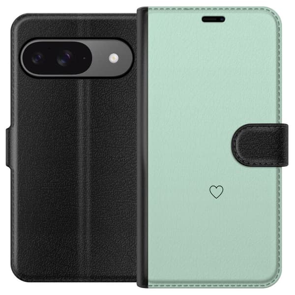 Kompatibel Tegnebogsetui til Google Pixel 9 Pro Enkel sort hjertekontur centreret mod mintgrøn baggrund