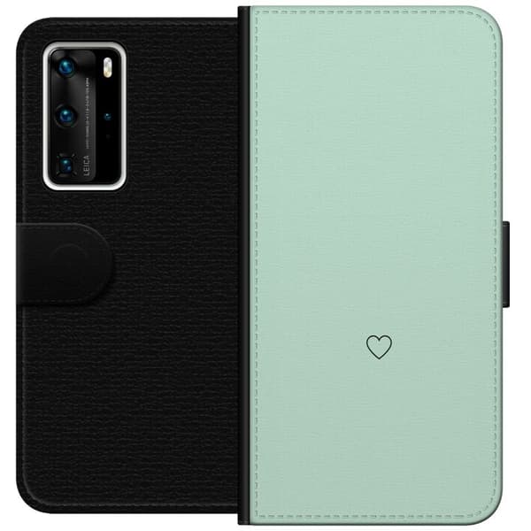 Kompatibel Tegnebogsetui til Huawei P40 Pro Enkel sort hjertekontur centreret mod mintgrøn baggrund