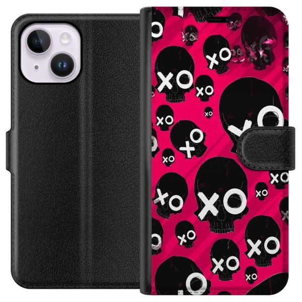 Kompatibel Tegnebogsetui til Apple iPhone 14 Plus Rosa dödskallar med XO