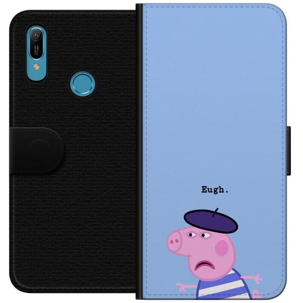 Kompatibel Tegnebogsetui til Huawei Y6 (2019) Peppa Pig med basker og teksten Eugh på lyseblå baggrund