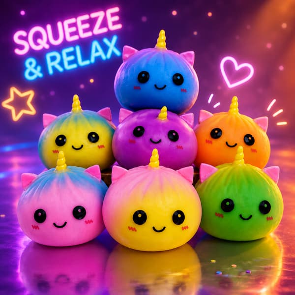 Dumpling Squishy Rainbow Unicorn Bun 8,5 cm – Squishy Stressbold, Fidget Toy & Sensorisk Legetøj