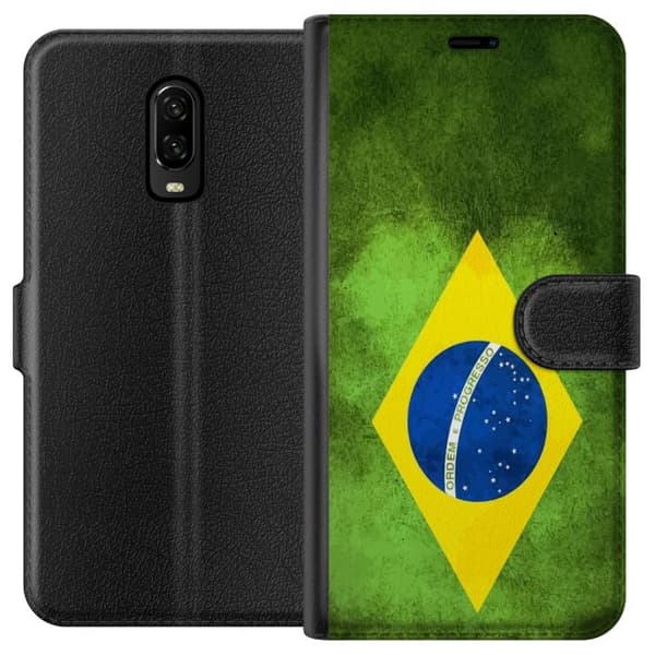 Kompatibel Tegnebogsetui til OnePlus 6T Brasiliansk flag med rustik tekstur
