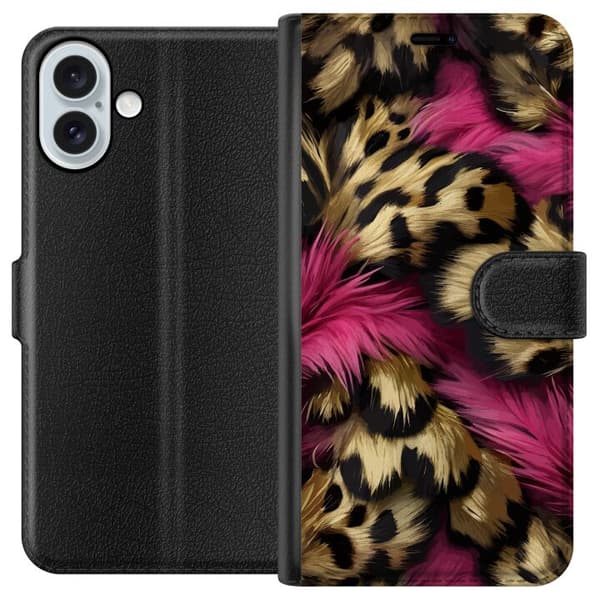 Kompatibel Tegnebogsetui til Apple iPhone 16 Plus Blødt leopardmønster med lyserøde detaljer