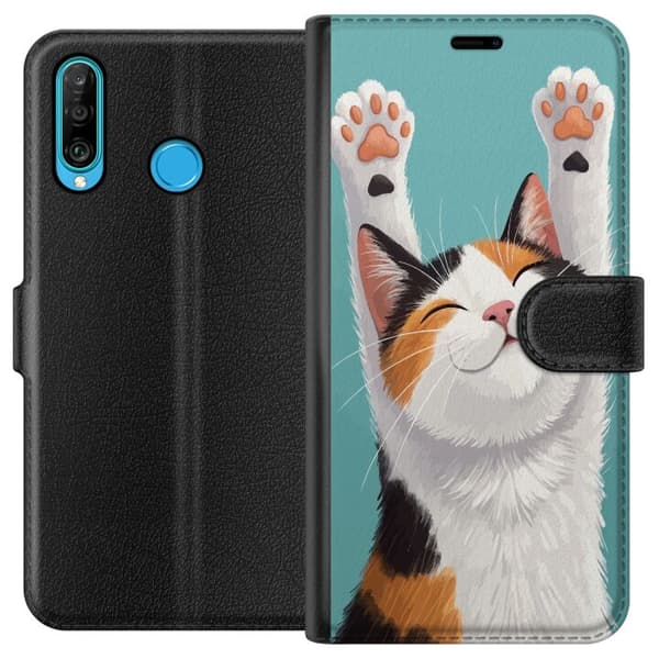 Kompatibelt Plånboksfodral till Huawei P30 lite Glad trefärgad katt