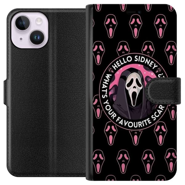 Kompatibel Tegnebogsetui til Apple iPhone 14 Sort baggrund med lyserøde skrækmasker, central maskeret figur og teksten Hello Sidney