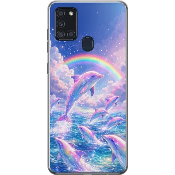 Kompatibelt Mobildeksel til Samsung Galaxy A21s Glittrande regnbågsdelfiner
